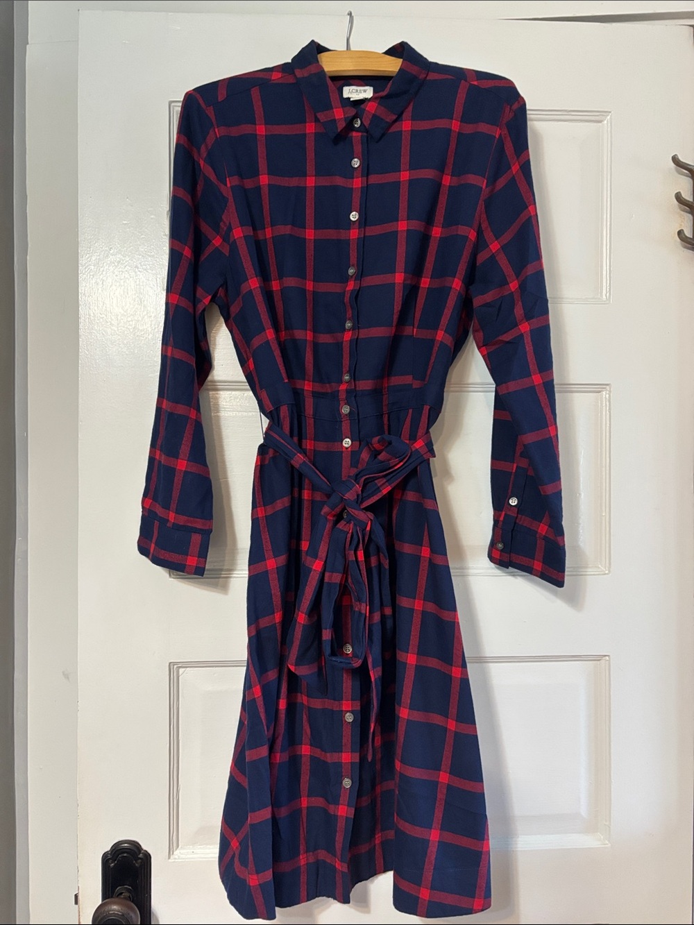 J. Crew Navy and Red Plaid Button-Front Shirt Dress with Tie Waist